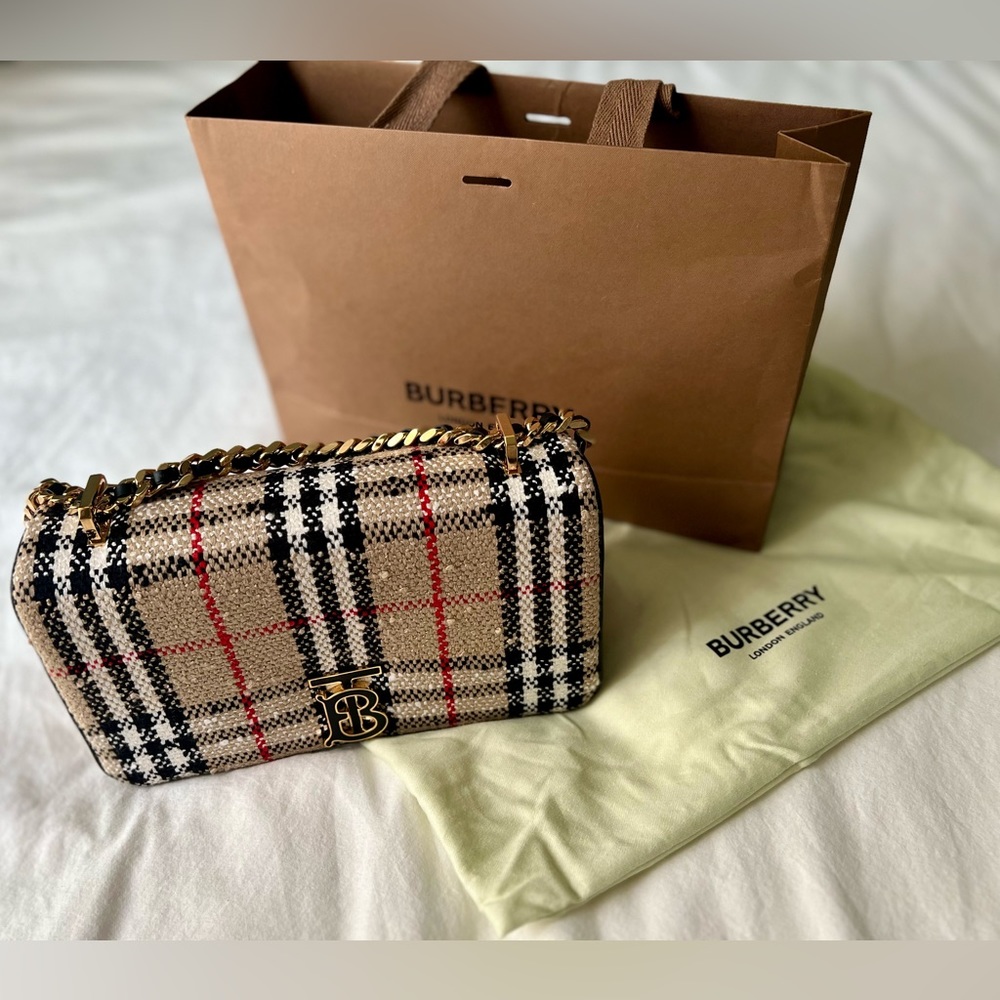 Burberry Beige Black Red Check Woven Crossbody Bag with Gold Chain - Picture 3 of 8